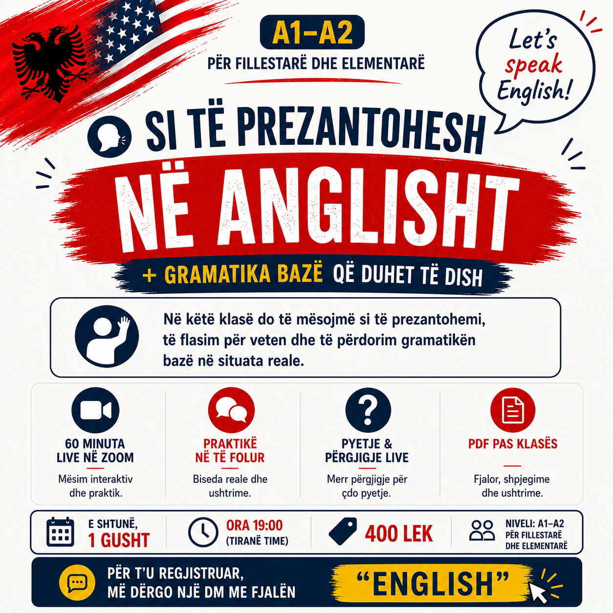 đŁïž E SHTUNĂ, 1 GUSHT, 19.00h (TiranĂ«): Si tĂ« Prezantohesh nĂ« Anglisht + Gramatika bazĂ« qĂ« tĂ« nevojitet